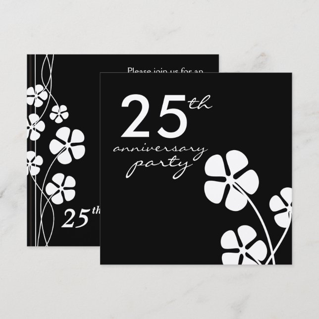 25. Silver Wedding Jubiläum Schwarz und Weiß Einladung (Vorne/Hinten)