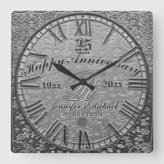 25. Silver Wedding Jubiläum Vintag Antique Quadratische Wanduhr (Vorderseite)