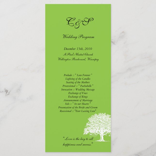 25 Spring Tree Green/White Wedding Programme (Vorderseite)