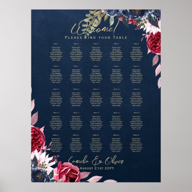 25 Tabelle Burgundy Blue Floral Gold SITZENCHART Poster (Vorne)