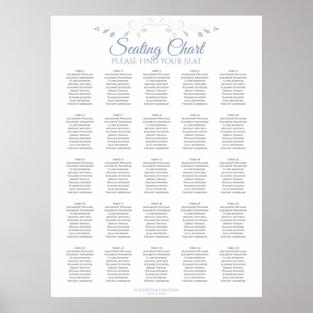 25 Tabelle Elegant Blue White Wedding Seating Char Poster (Vorne)