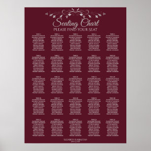 25 Tabelle Elegant Burgund Hochzeitsdiagramm Poster