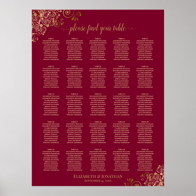 25 Tabelle Elegant Burgund und Gold Seating Chart Poster (Vorne)