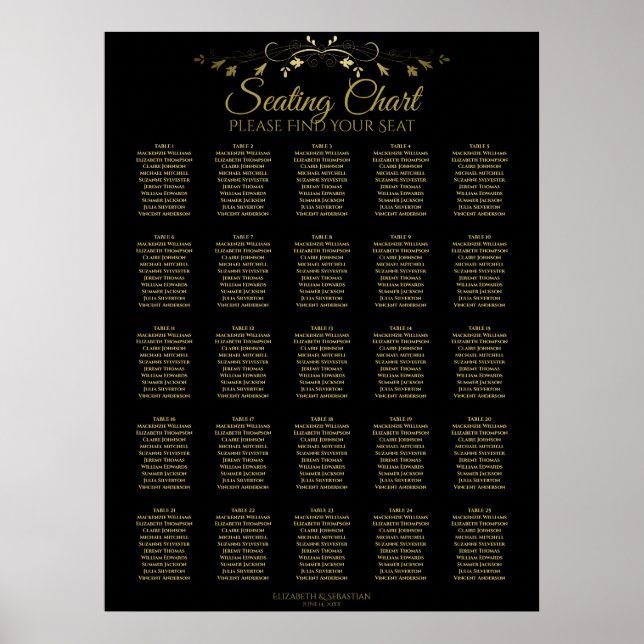 25 Tabelle Elegant Gold Black Wedding Seating Char Poster (Vorne)