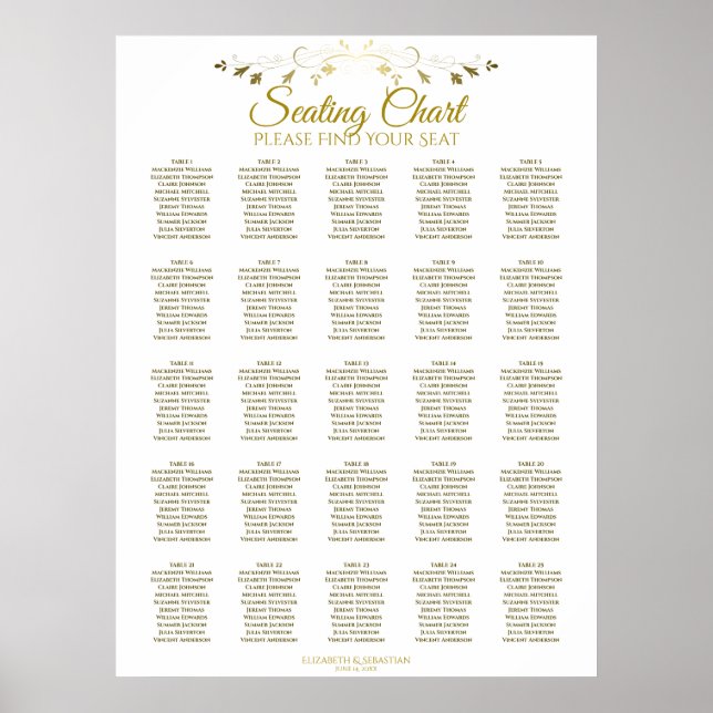 25 Tabelle Elegant Gold Hochzeitssettkarte Poster (Vorne)