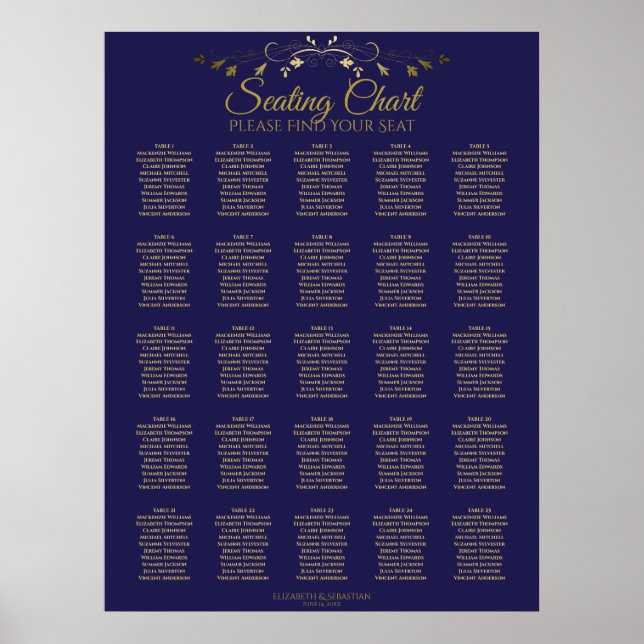 25 Tabelle elegant Gold & Navy Hochzeitskarte Poster (Vorne)