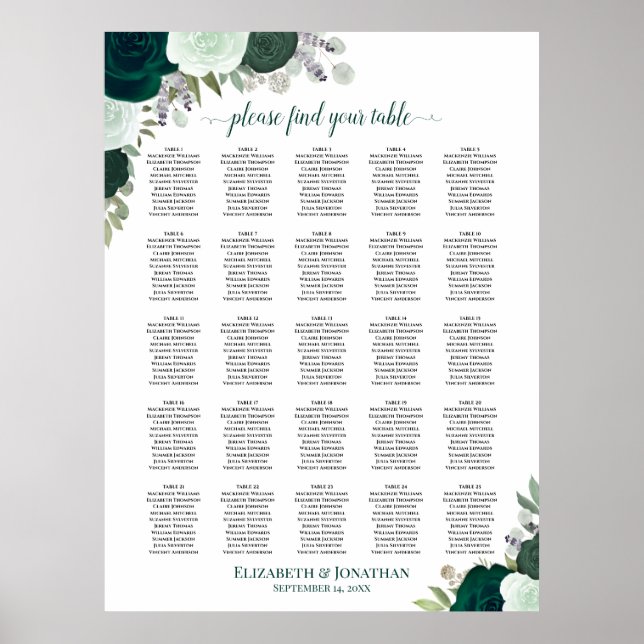 25 Tabelle Emerald Boho Blues Hochzeitstabelle Poster (Vorne)