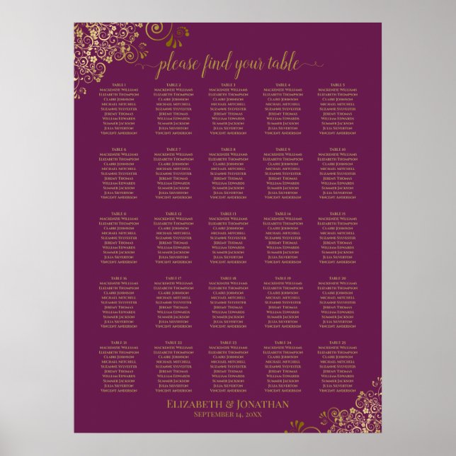 25 Tabelle Gold Cassis Lila Hochzeitssortierung Poster (Vorne)