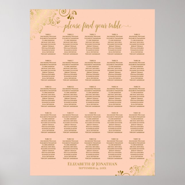 25 Tabelle Gold & Coral Peach Hochzeitsdiagramm Poster (Vorne)