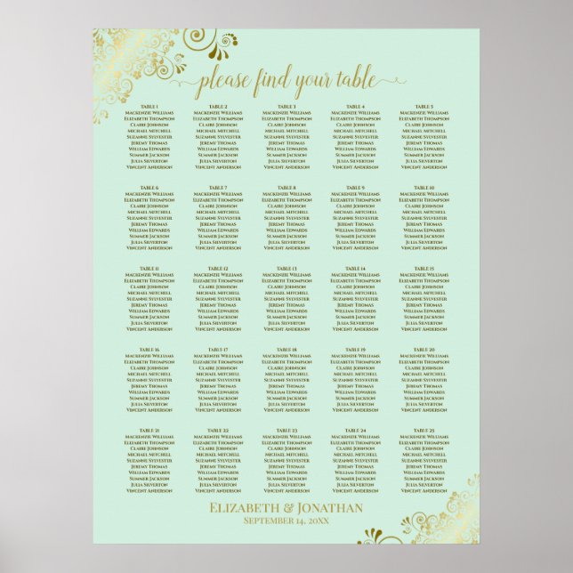 25 Tabelle Gold & Minze Green Wedding Seating Char Poster (Vorne)