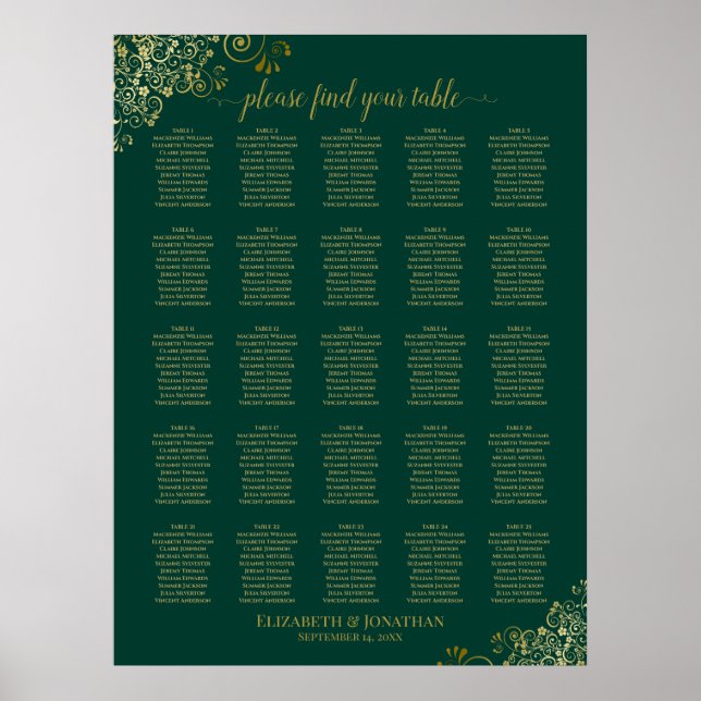 25 Tabelle Gold Smaragdgrüne Hochzeitstabelle Poster (Vorne)