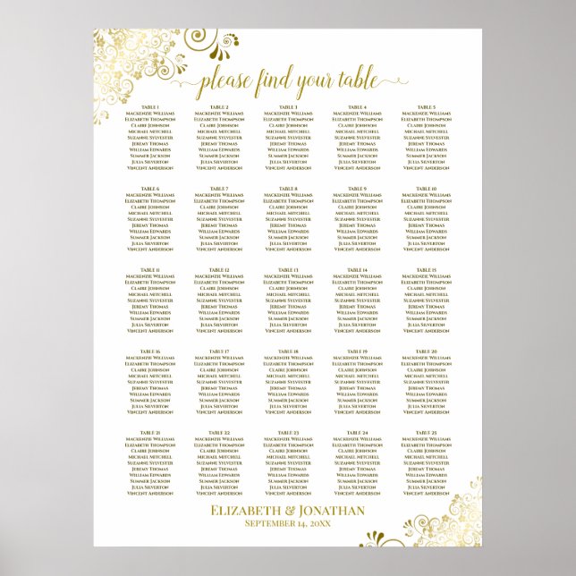 25 Tabelle Gold & White Wedding Seating Chart Poster (Vorne)