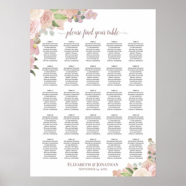 25 Tabelle Rustikal rosa Blumenübersicht Poster (Vorne)