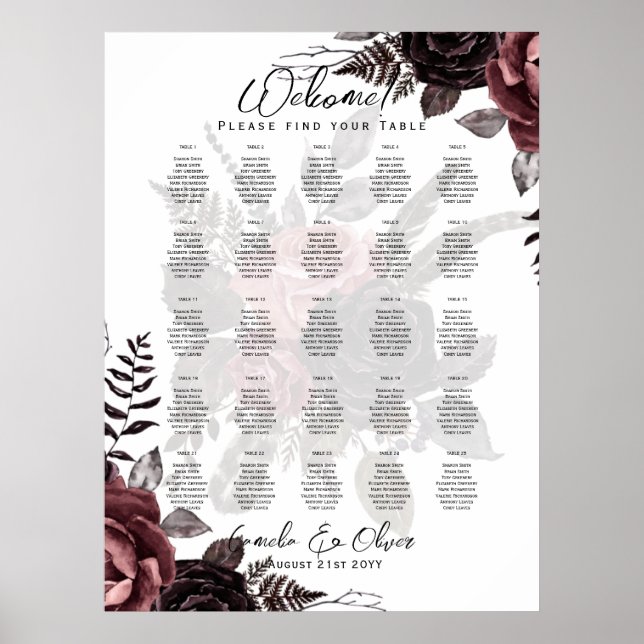 25 Tabelle Rustikale Rose Burgund florale SITZENCH Poster (Vorne)