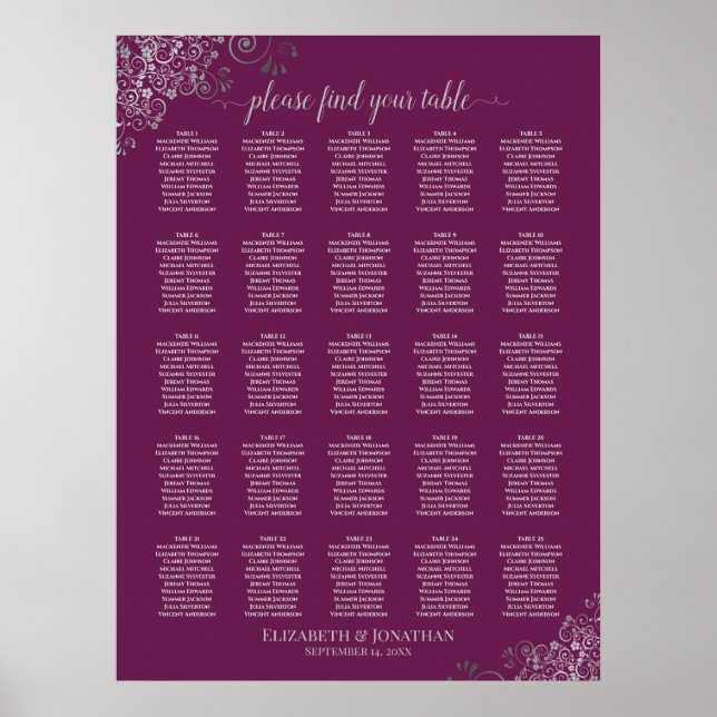 25 Tabelle Silver & Cassis Hochzeitskarte Poster (Vorne)