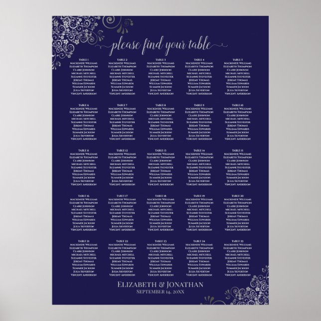 25 Tabelle Silver & Navy Blue Wedding Seating Char Poster (Vorne)