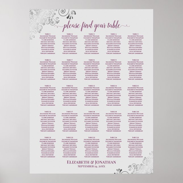 25 TabellenCassis on Gray Wedding Seating Chart Poster (Vorne)