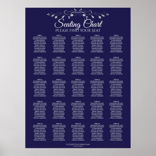 25 Table Elegant Navy Blue Wedding Seating Chart Poster (Vorne)