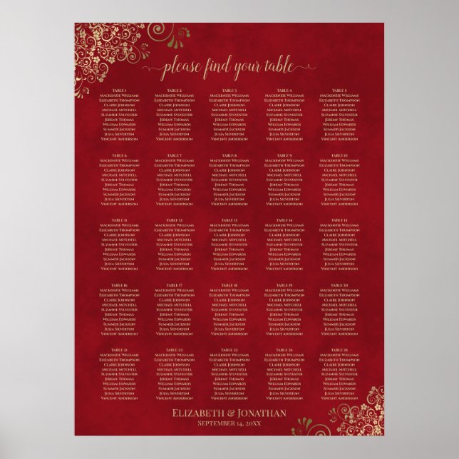 25 Table Gold Frills auf Red Wedding Seating Chart Poster (Vorne)