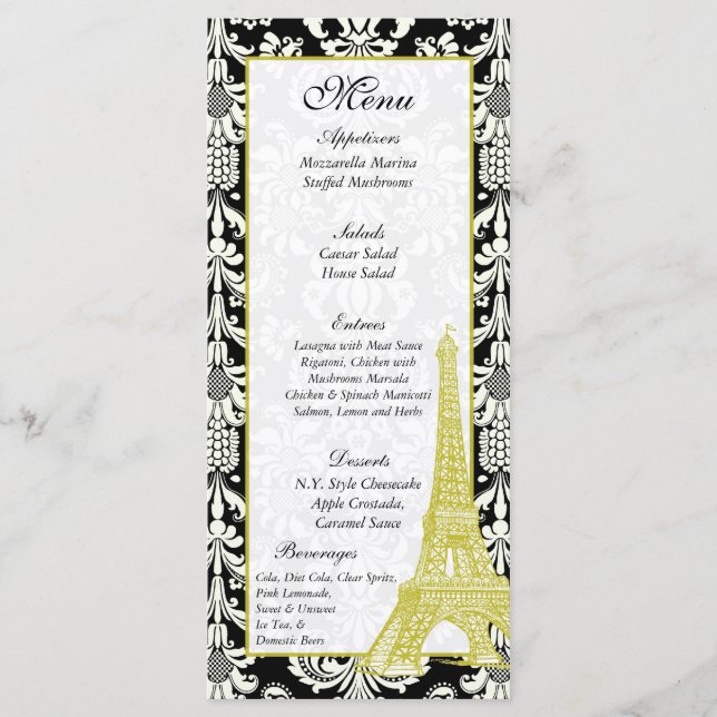 25 Tags der Hochzeit in Paris Black Damask Menükarte (Vorderseite)