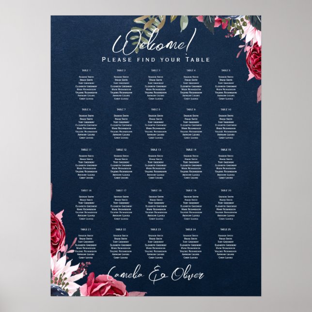 25 Tisch-Burgund-Floral-Fall-Sitzkarten Poster (Vorne)