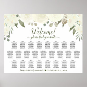25 Tisch Elfenbein Weiße Rosen Hochzeits-Sitzplan Poster
