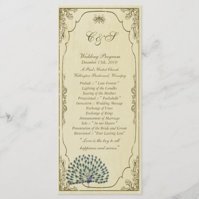 25 Vintage Pfauenhochzeiten Programm (Vorderseite)