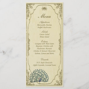 25 Vintage Pfauenhochzeitmenü-Tags Menükarte