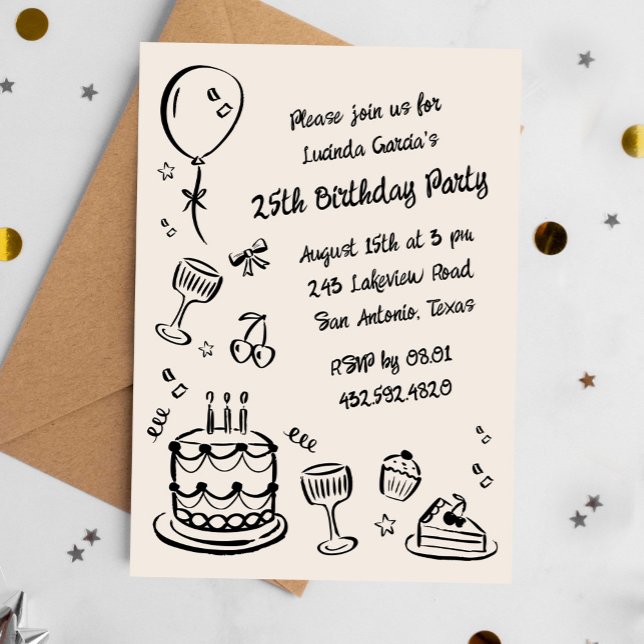 25. Whimsical Doodle Handgeschriebene Geburtstagsp Einladung (scribble-style birthday party invitation for adults)