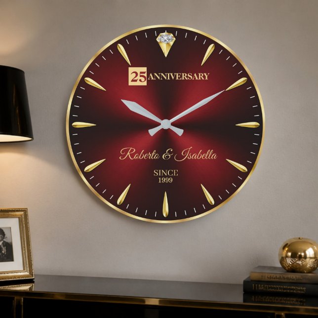 25th Anniversary Elegant Ruby Red & Gold Wedding A Große Wanduhr (Von Creator hochgeladen)