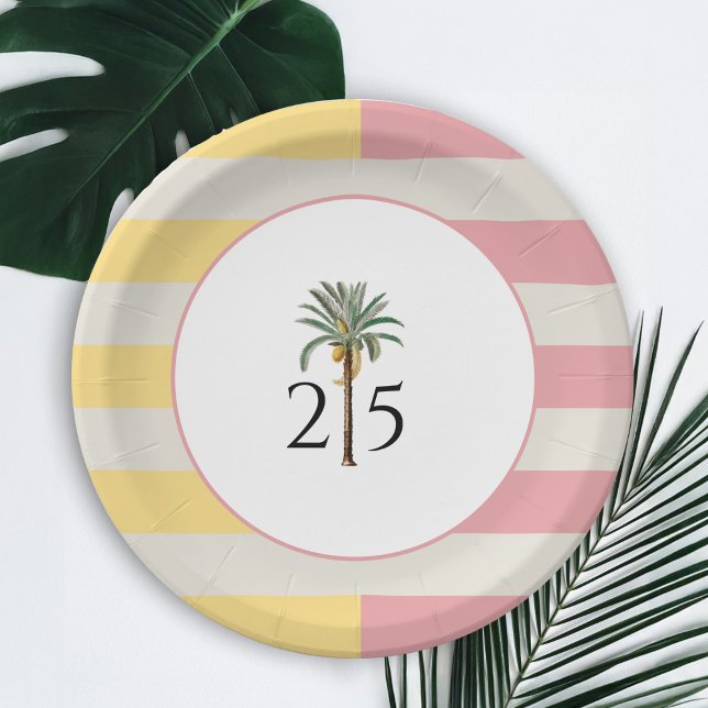 25th Birthday Palm Beach Tropical Pastel Stripe Pappteller (Von Creator hochgeladen)