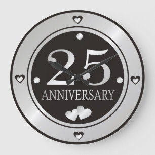 25th Wedding Anniversary Black And Silver   Große Wanduhr