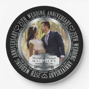 25th Wedding Anniversary Foto Black SIlver Tone Pappteller