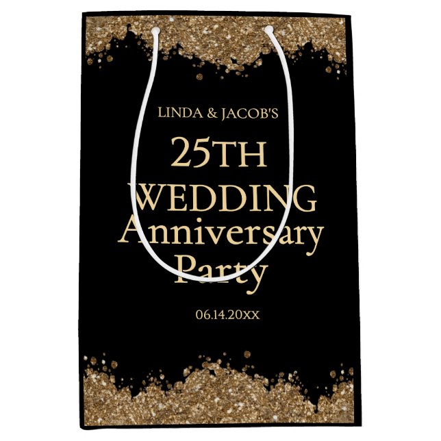 25th Wedding Anniversary Gold Faux Glitter  Mittlere Geschenktüte (Vorderseite)