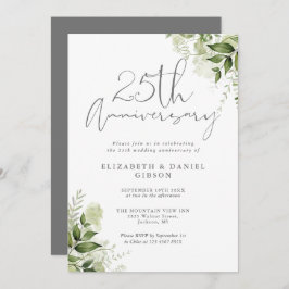 25th Wedding Anniversary Greenery Silver Script Einladung