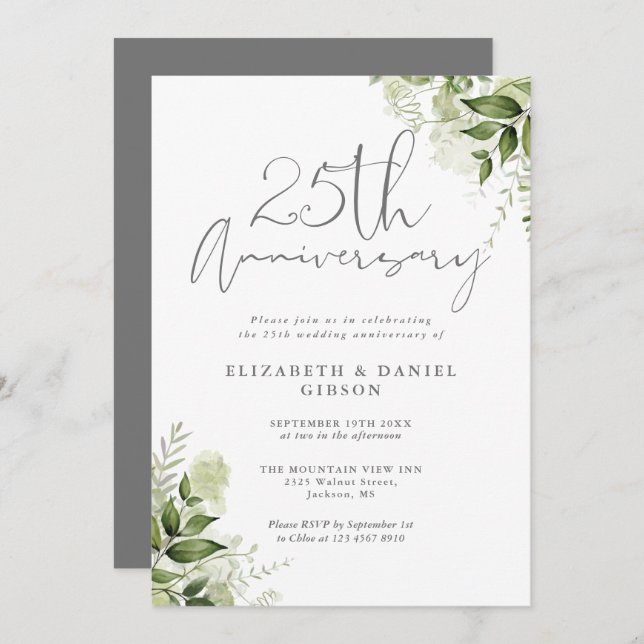 25th Wedding Anniversary Greenery Silver Script Einladung (Vorne/Hinten)