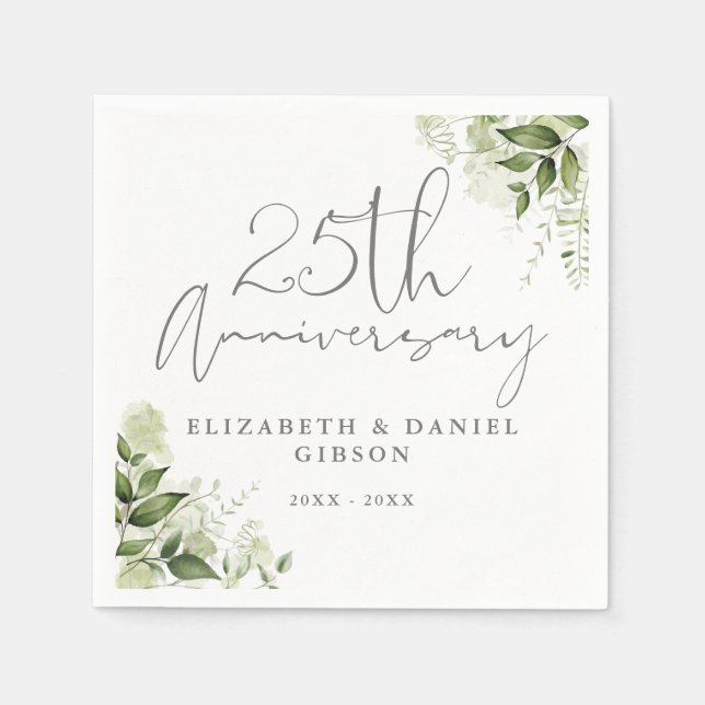 25th Wedding Anniversary Greenery Silver Script Serviette (Vorderseite)