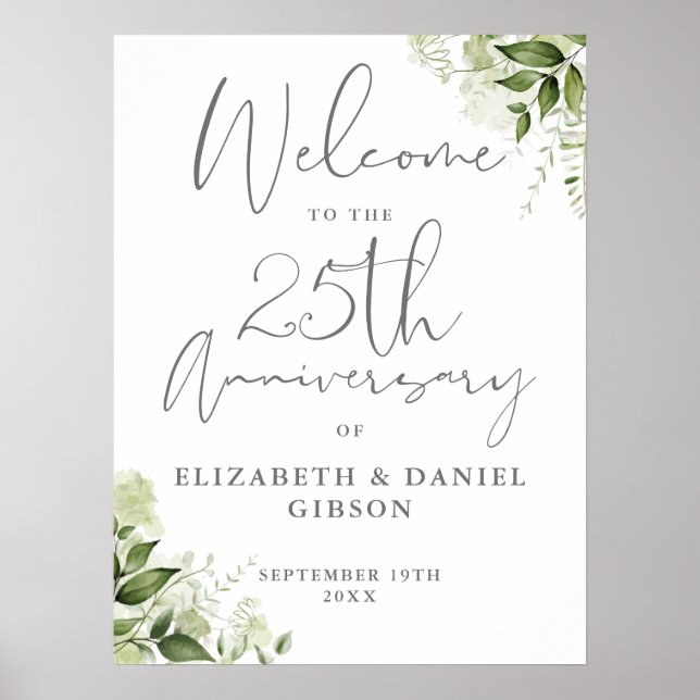 25th Wedding Anniversary Greenery Welcome Sign Poster (Vorne)