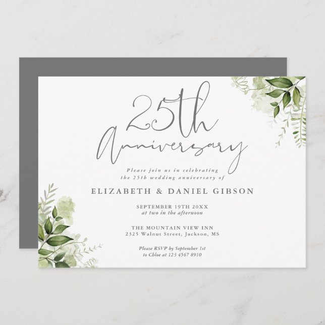 25th Wedding Anniversary Silver Script Floral Einladung (Vorne/Hinten)