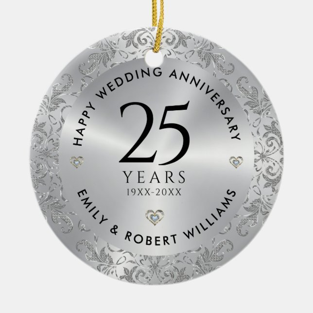 25th Wedding Anniversary Silver Sparkling Frame Keramik Ornament (Vorne)