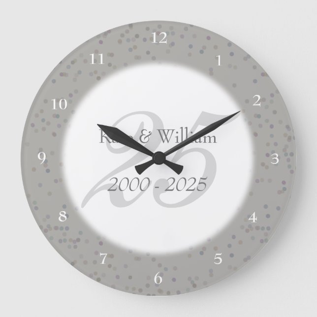 25th Wedding Anniversary Silver Stardust Confetti Große Wanduhr (Vorderseite)