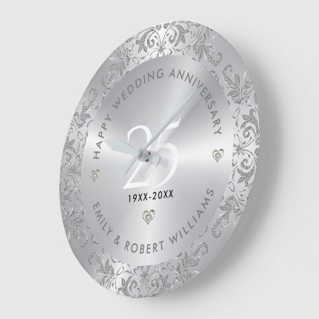 25th Wedding Anniversary Silver Swirls Große Wanduhr (Winkel)