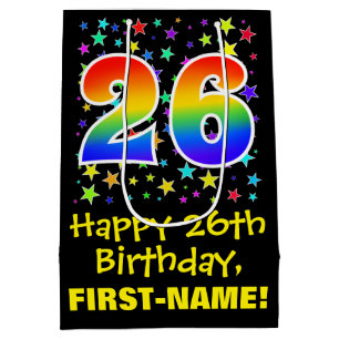 26. Geburtstag: Farbenfrohe Sterne Muster & Regenb Mittlere Geschenktüte