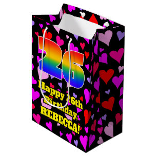 26. Geburtstag: Loving Hearts Pattern, Regenbogen Mittlere Geschenktüte
