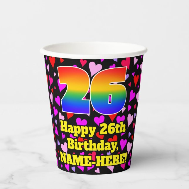 26. Geburtstag: Loving Hearts Pattern, Regenbogen  Pappbecher (Vorderseite)