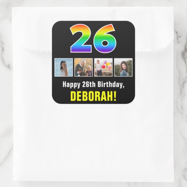 26. Geburtstag: Regenbogen "26"; benutzerdefiniert Quadratischer Aufkleber (Tasche)