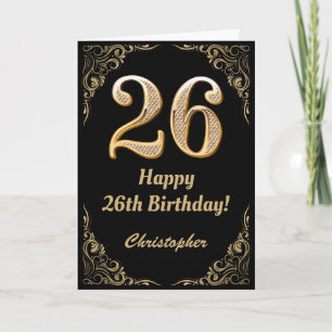 26. Geburtstag Schwarz und Gold Glitzer Rahmen Karte
