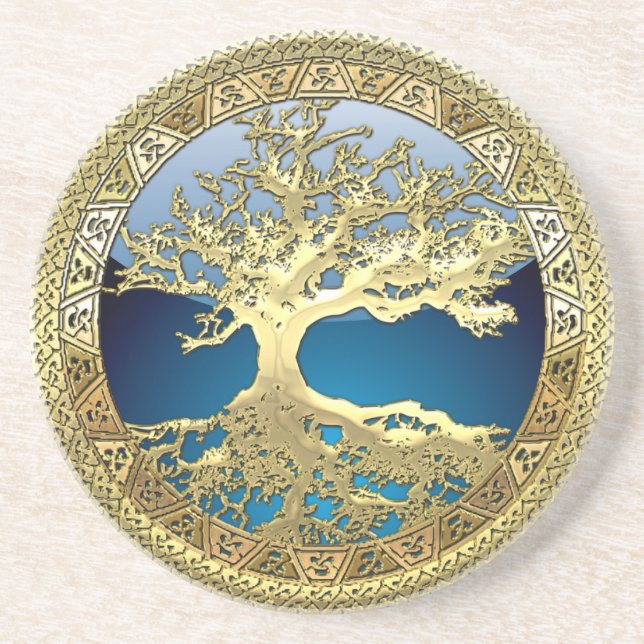 [26] Golden Celtic Tree of Life Sandstein Untersetzer (Vorne)