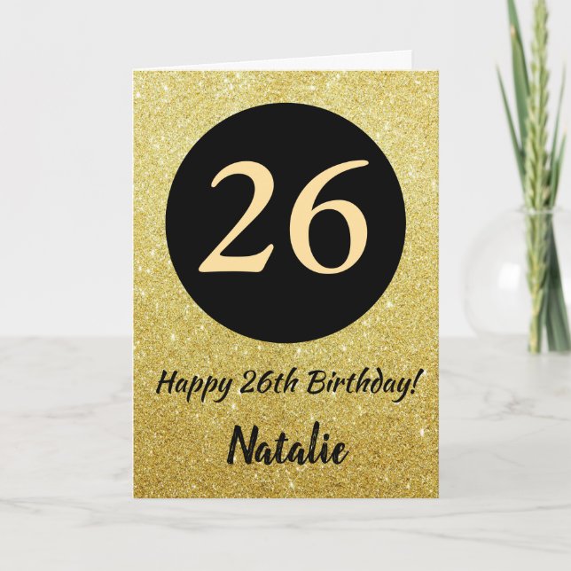 26. Happy Birthday Black and Gold Glitzer Card Karte (Vorderseite)
