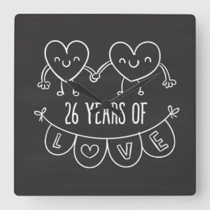 26. Jubiläum Geschenk Chalk Herzen Quadratische Wanduhr